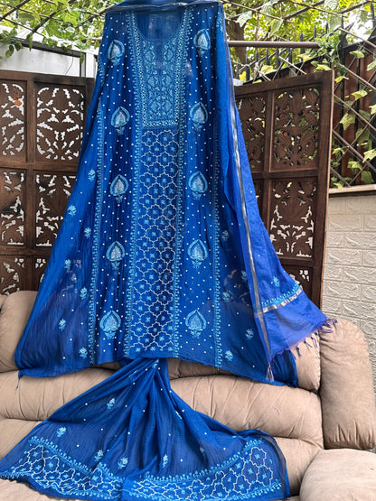 Indigo Blue Mulmul Ensemble  Chikankari Charm with Cutdana & Pearl Accents