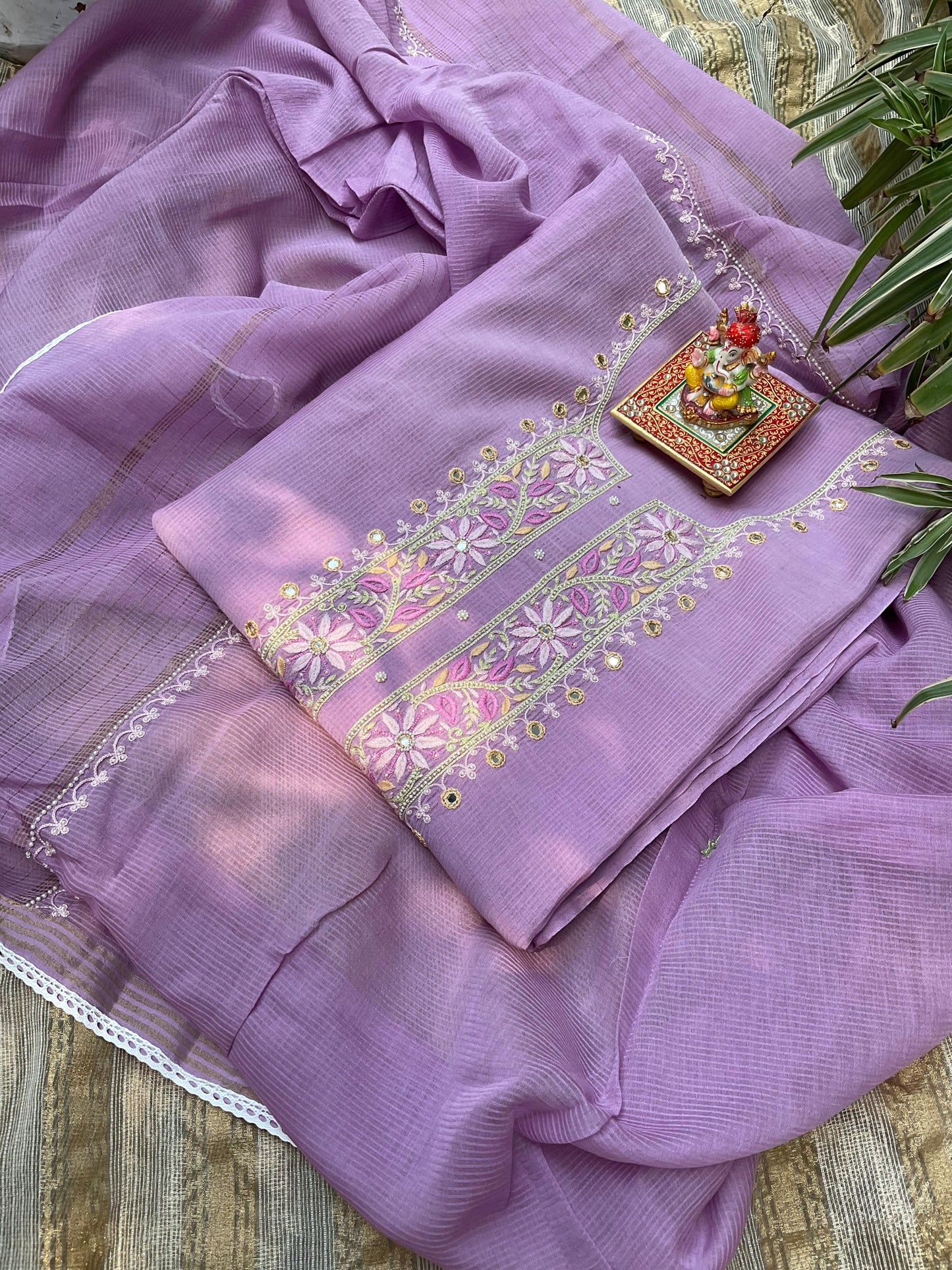 Maheshwari Malmal Suit Set  Zardosi Neckline with Mirror, Moti & Resham Detailing