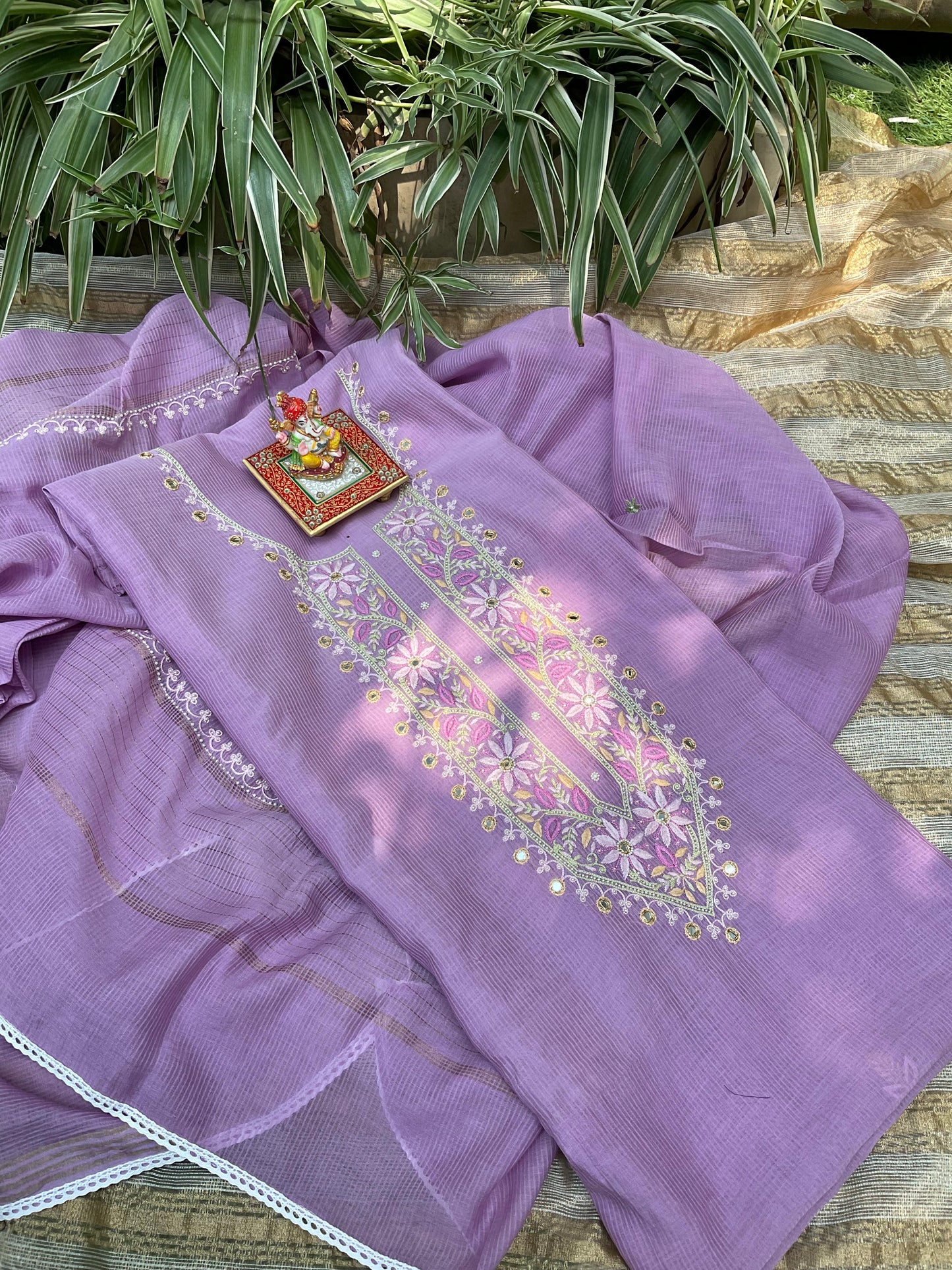 Maheshwari Malmal Suit Set  Zardosi Neckline with Mirror, Moti & Resham Detailing