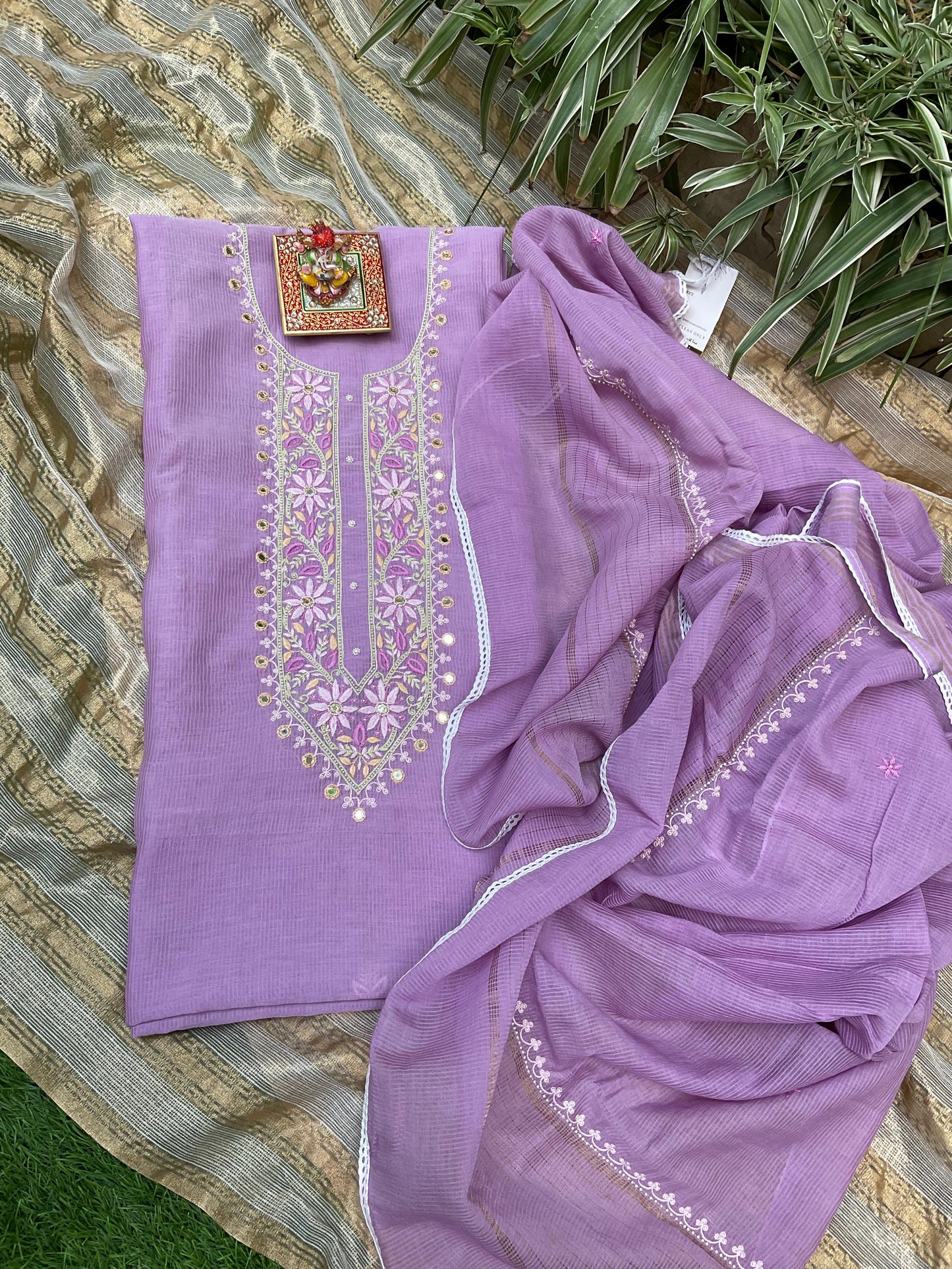 Maheshwari Malmal Suit Set  Zardosi Neckline with Mirror, Moti & Resham Detailing