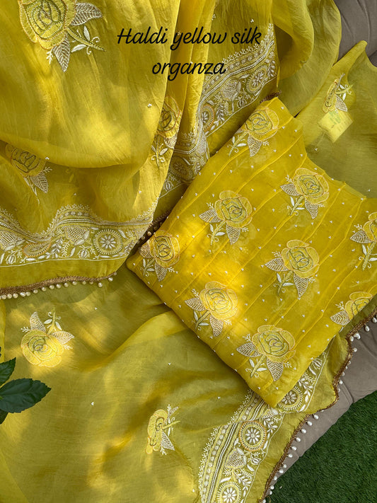 Haldi Yellow Silk Organza Anarkali – Radiant Elegance with Rose Shadow Bootas