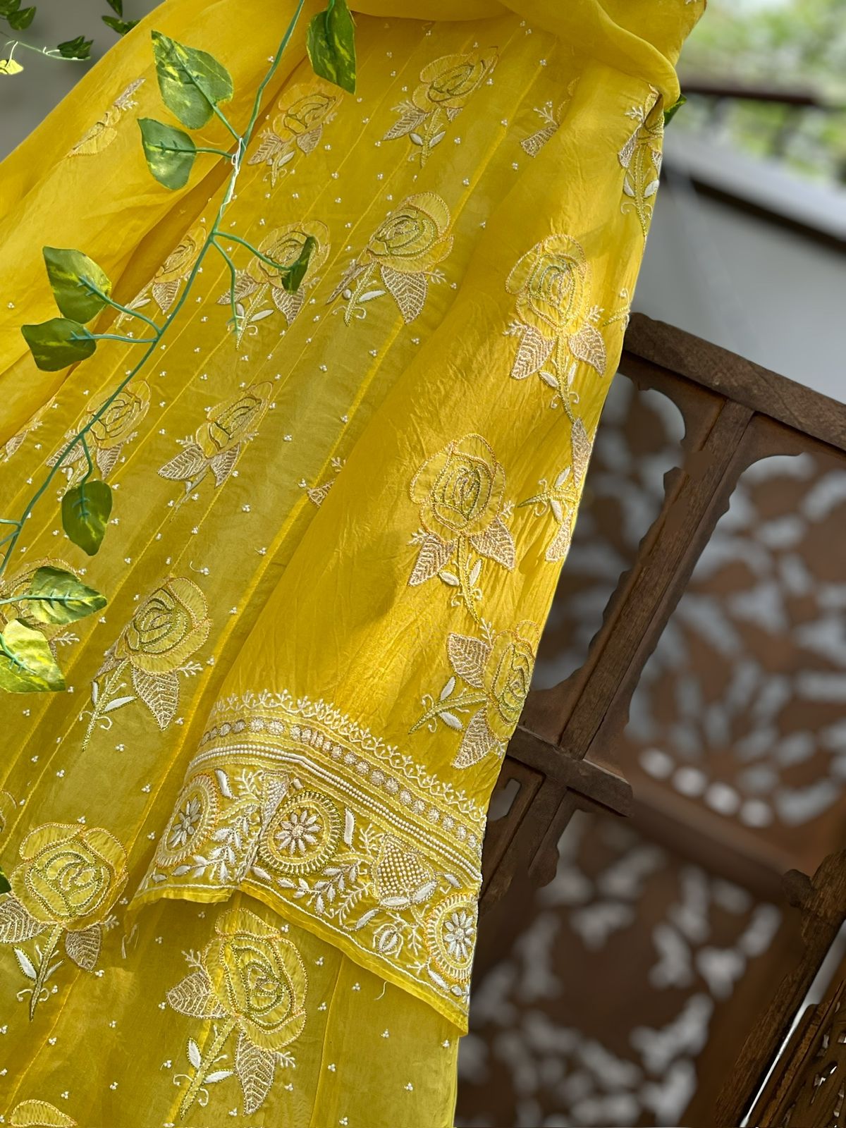 Haldi Yellow Silk Organza Anarkali – Radiant Elegance with Rose Shadow Bootas