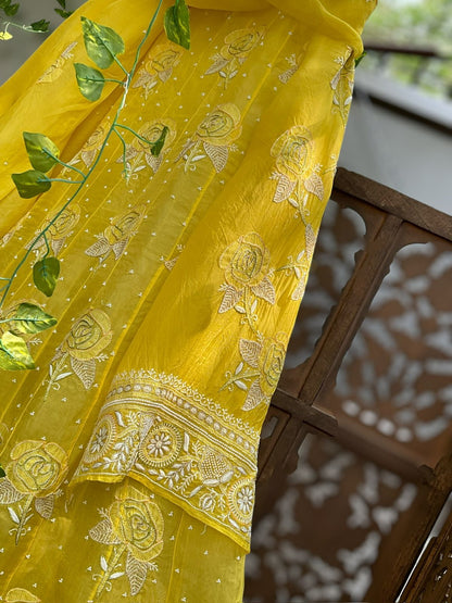 Haldi Yellow Silk Organza Anarkali – Radiant Elegance with Rose Shadow Bootas