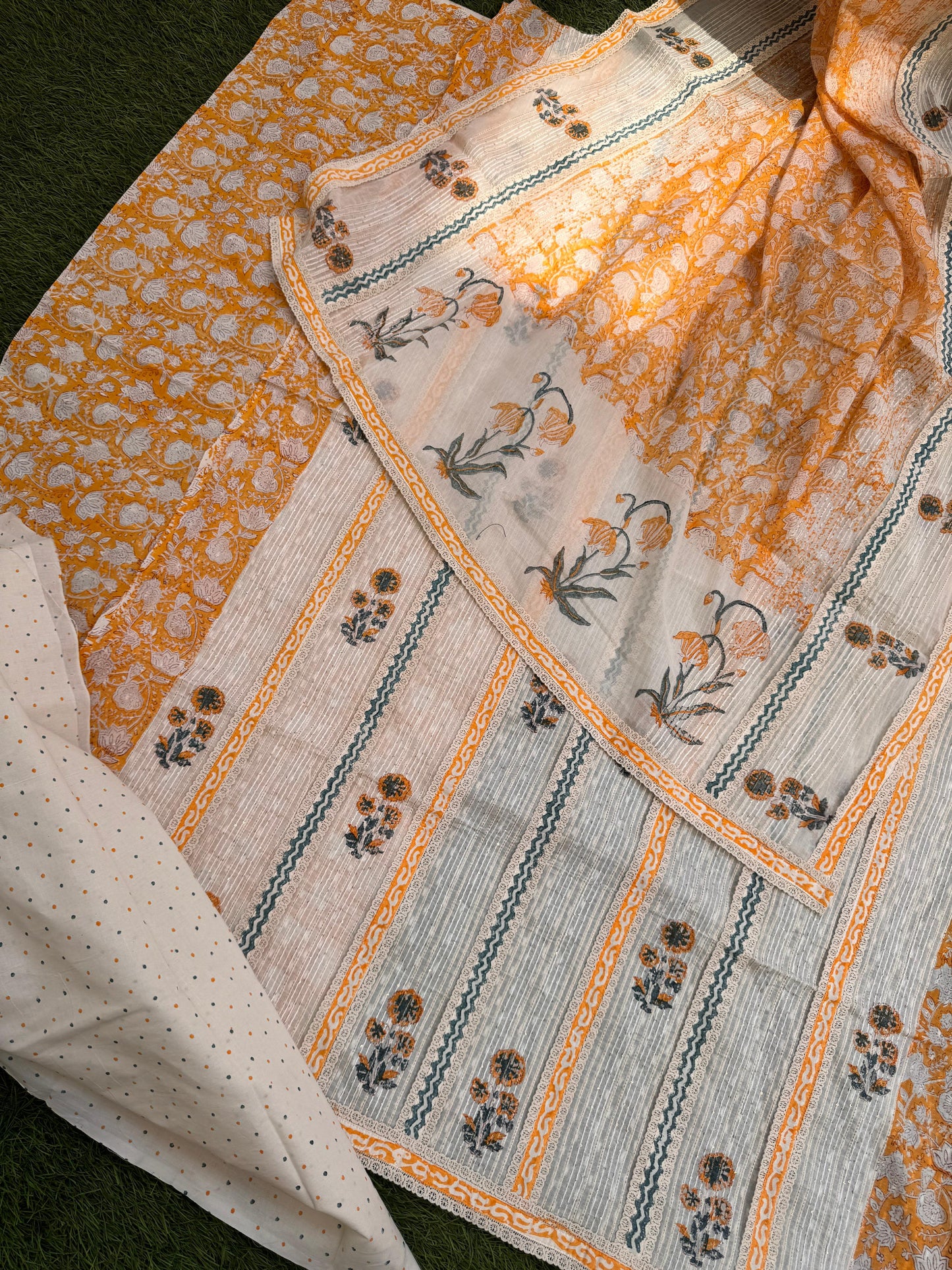 Block Print Cotton Suit Set - Kantha Touch with Summer Elegance