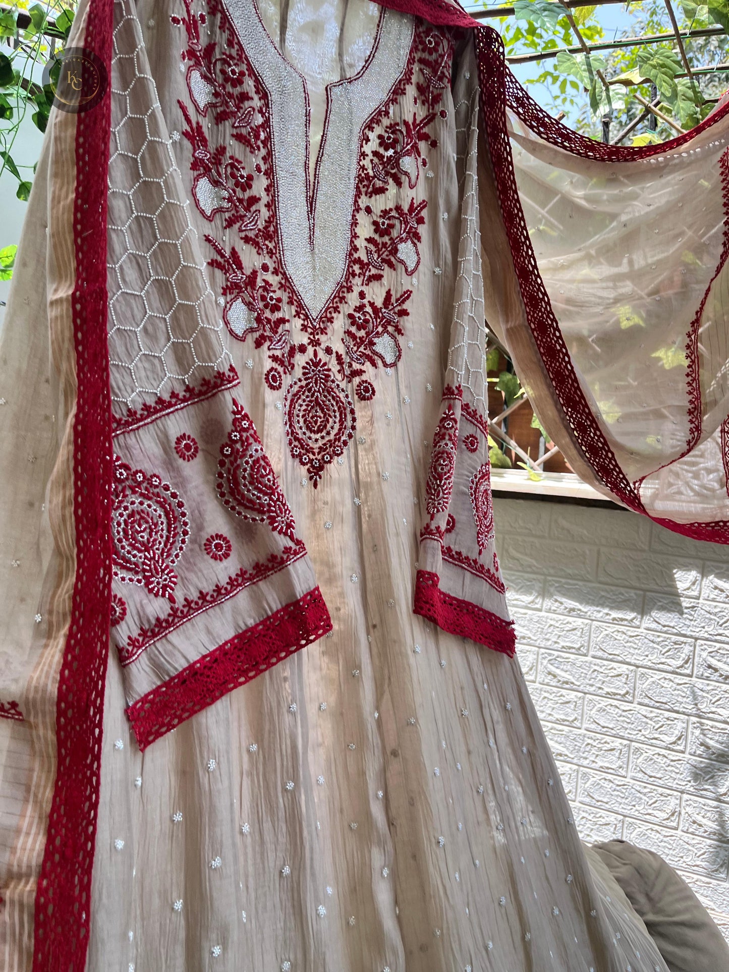 Regal Charm Redefined Semi-Stitched Anarkali Set with Chikankari, Cutdana & Pearl Details