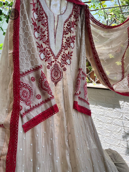 Regal Charm Redefined Semi-Stitched Anarkali Set with Chikankari, Cutdana & Pearl Details