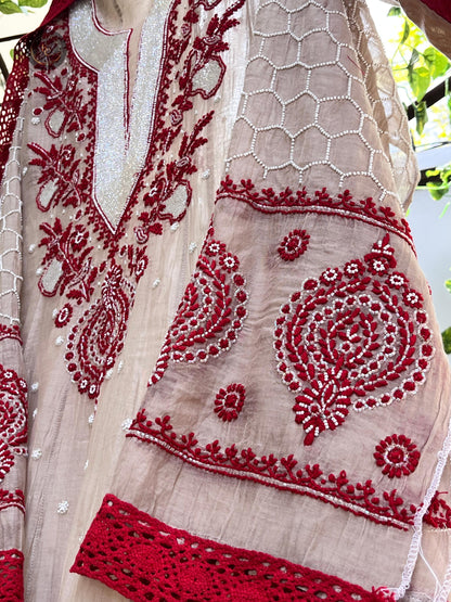 Regal Charm Redefined Semi-Stitched Anarkali Set with Chikankari, Cutdana & Pearl Details
