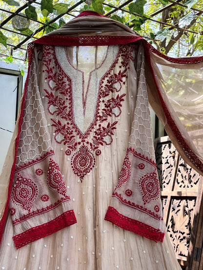 Regal Charm Redefined Semi-Stitched Anarkali Set with Chikankari, Cutdana & Pearl Details