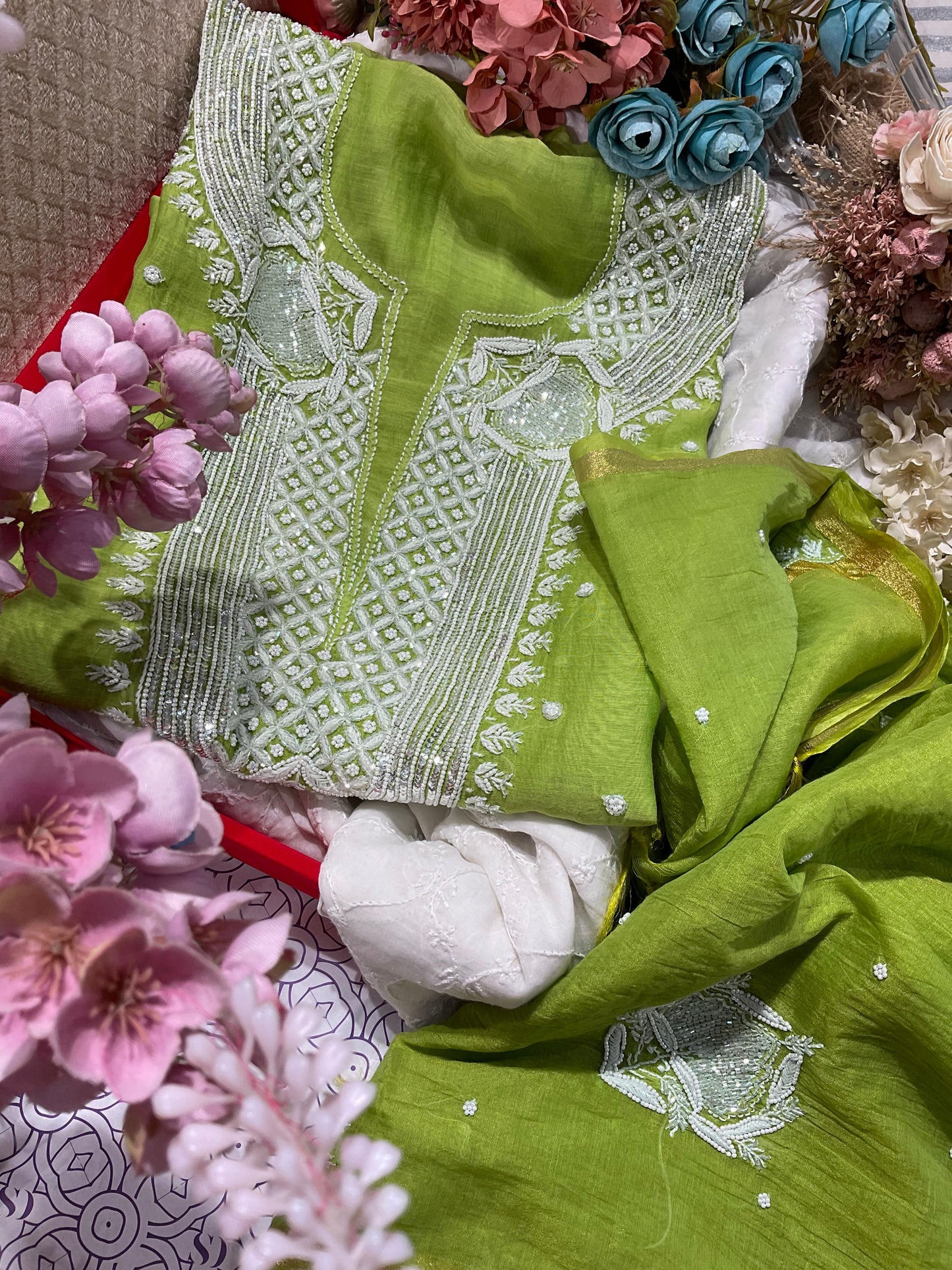 Elegant Mulmul Ensemble with Pearl & Cutdana Accents
