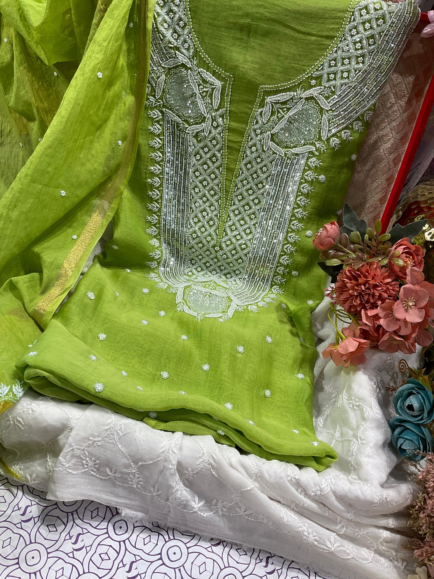 Elegant Mulmul Ensemble with Pearl & Cutdana Accents