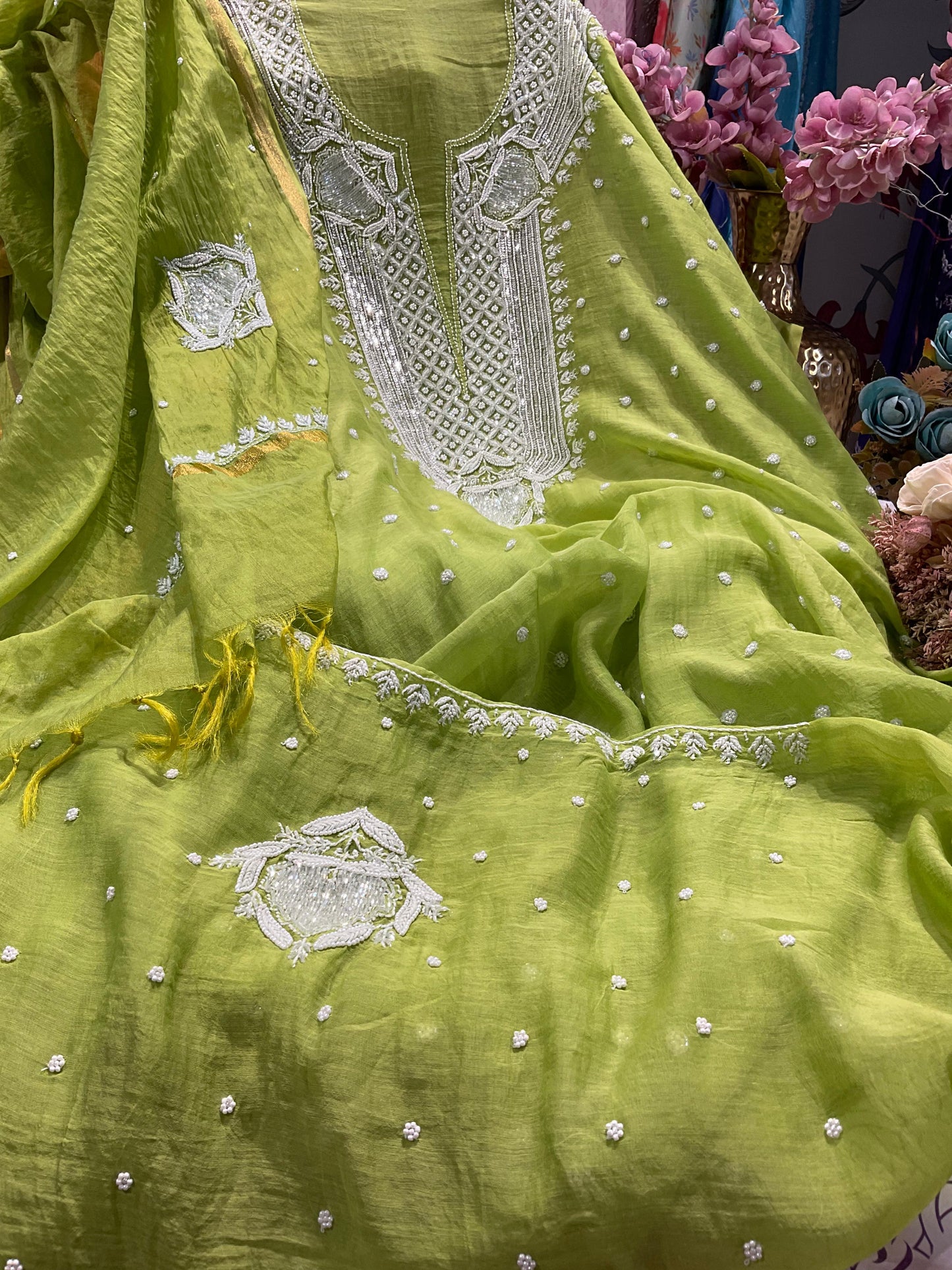 Elegant Mulmul Ensemble with Pearl & Cutdana Accents