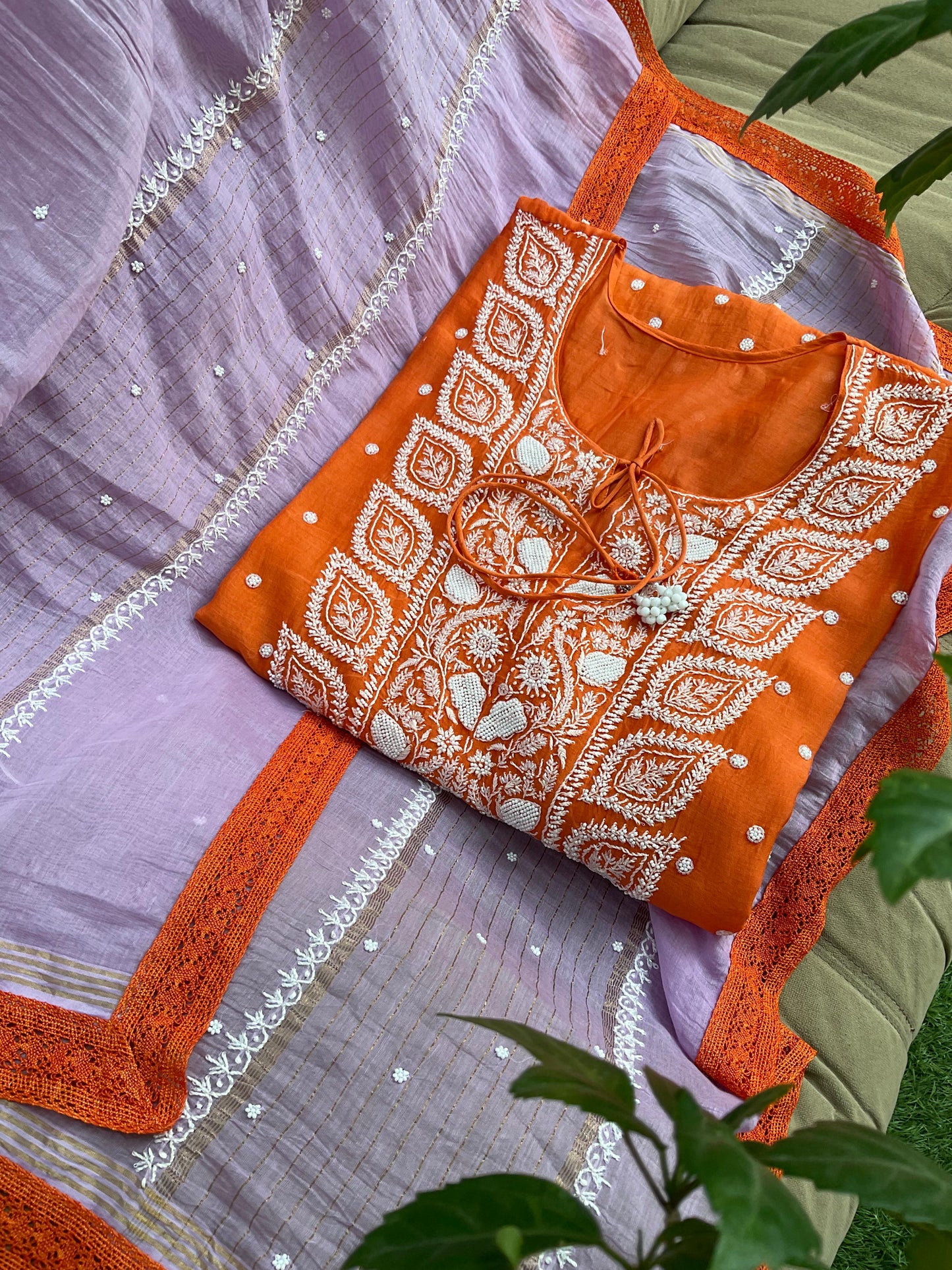 Timeless Mulmul Elegance in Orange & Lavender