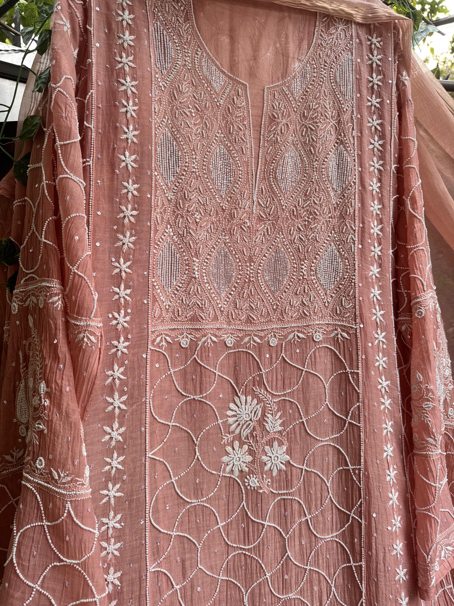 Peach Mulmul Anarkali Ensemble