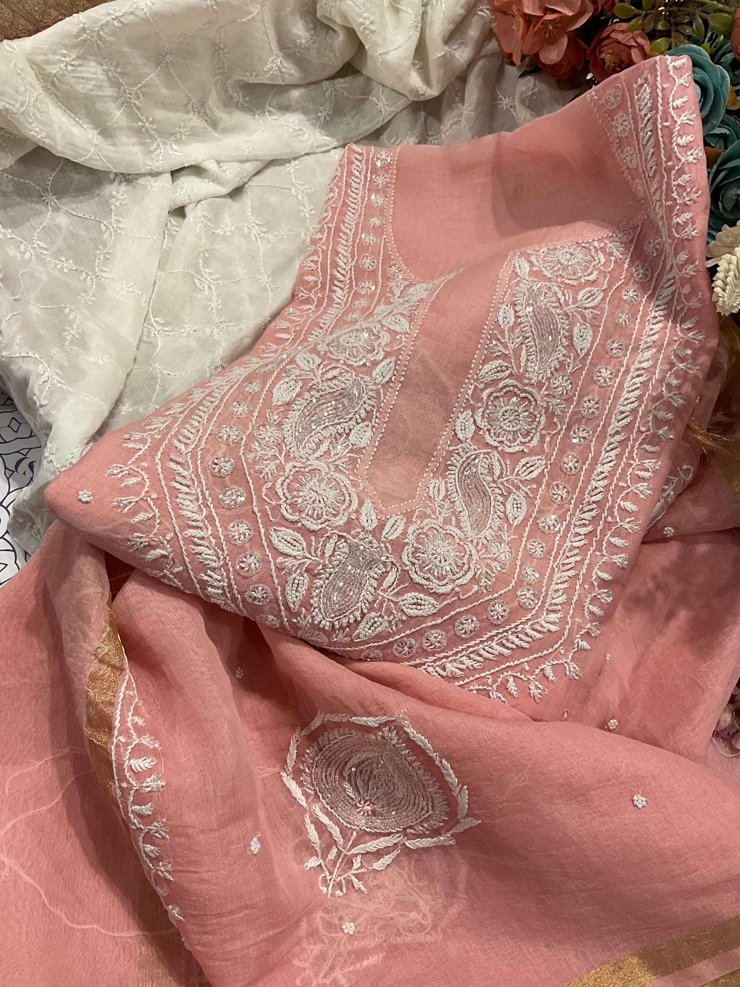 Elegant Motif Ensemble – Mulmul Kurta Set with Pearl & Cutdana Accents
