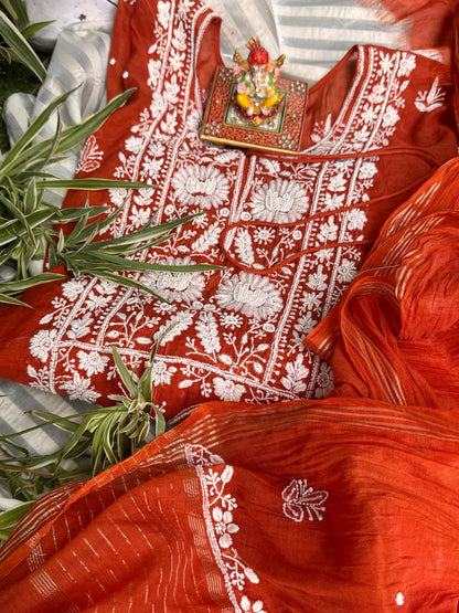 Burnt Orange Elegance – Timeless Mulmul Semi-Stitched Ensemble