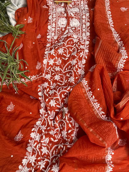 Burnt Orange Elegance – Timeless Mulmul Semi-Stitched Ensemble