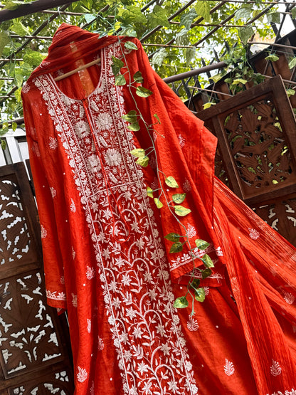 Burnt Orange Elegance – Timeless Mulmul Semi-Stitched Ensemble