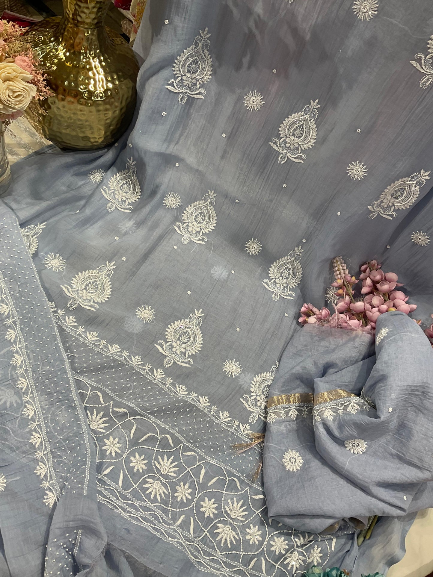 Refined Elegance – Mulmul Kurta Set with Pearl & Cutdana Detailing