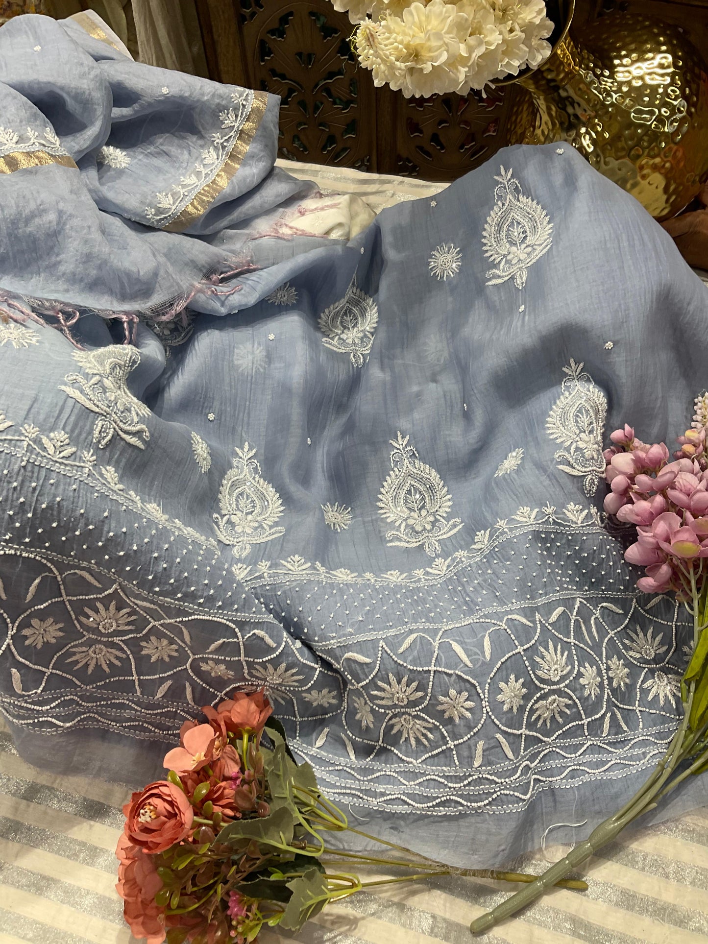 Refined Elegance – Mulmul Kurta Set with Pearl & Cutdana Detailing