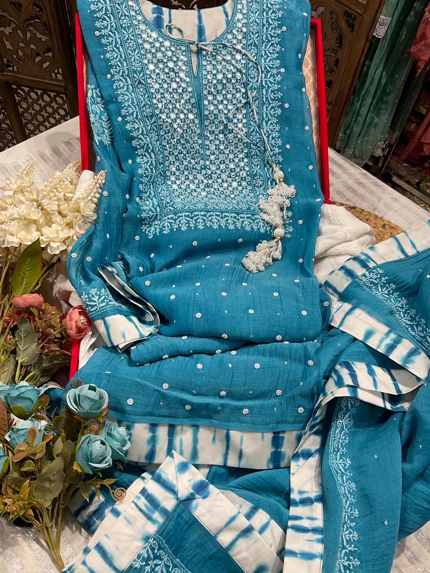 Summer Radiance – Elegant Malmal Chikankari Set with Mirror & Satin Accents