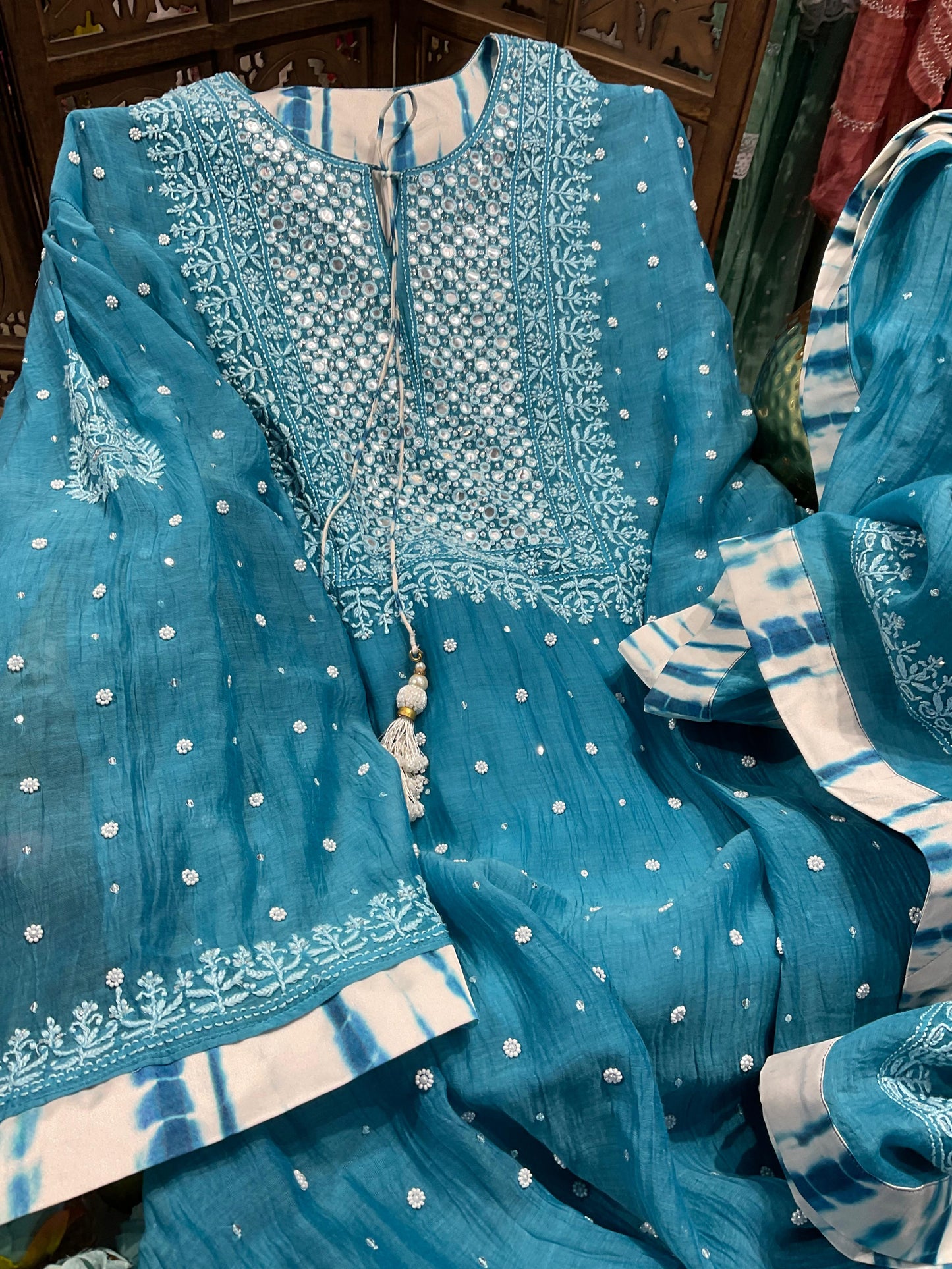 Summer Radiance – Elegant Malmal Chikankari Set with Mirror & Satin Accents