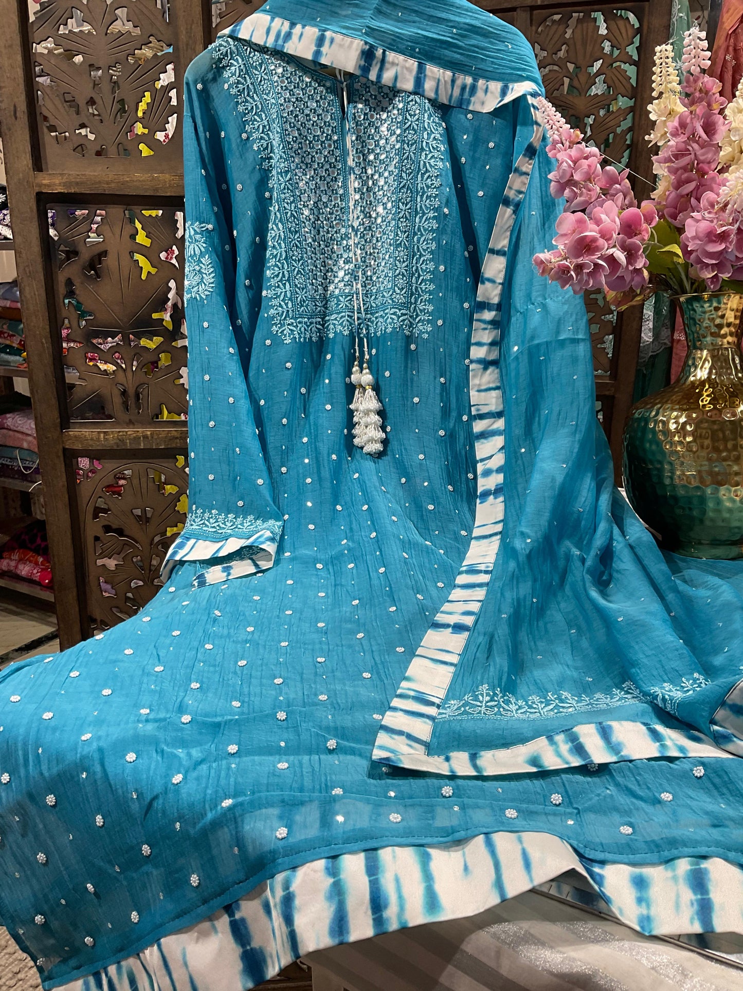 Summer Radiance – Elegant Malmal Chikankari Set with Mirror & Satin Accents