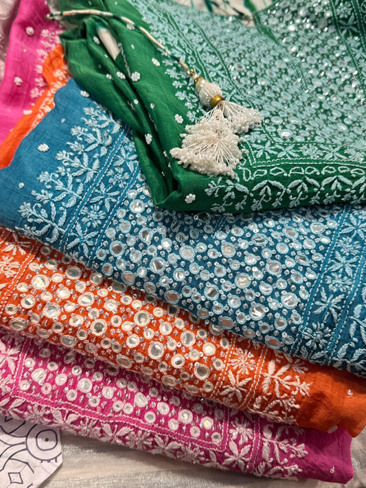 Summer Radiance – Elegant Malmal Chikankari Set with Mirror & Satin Accents