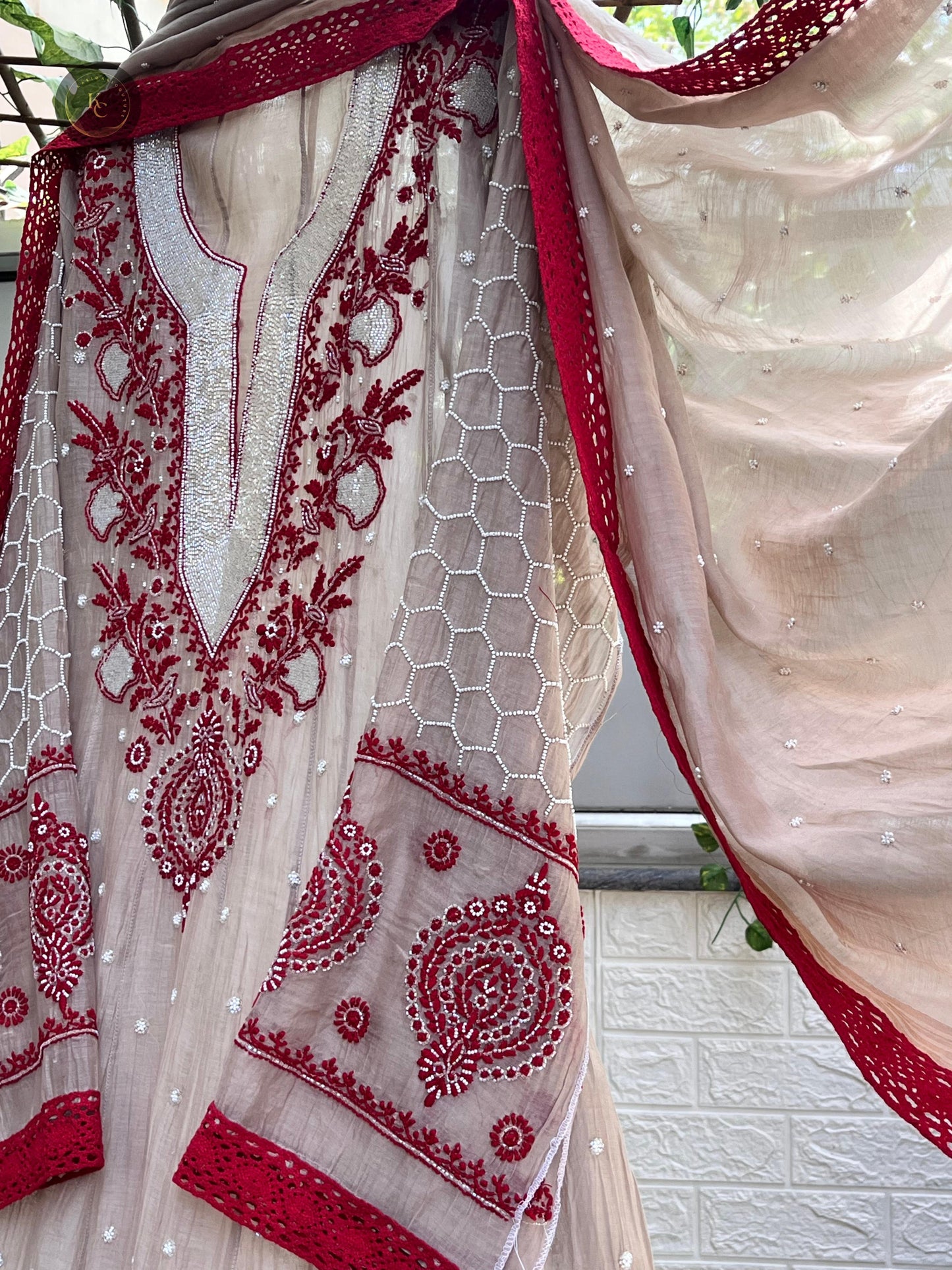 Summer Radiance – Elegant Malmal Chikankari Set with Mirror & Satin Accents