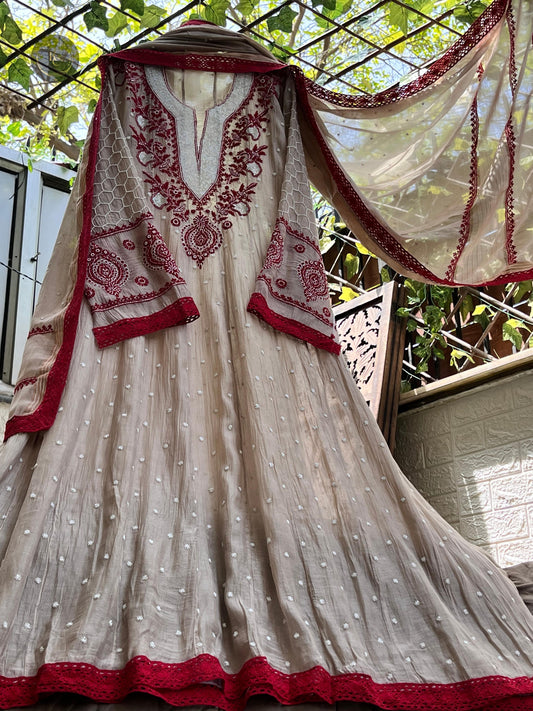 Regal Allure – Semi-Stitched Anarkali with Chikankari, Cutdana & Pearl Booties