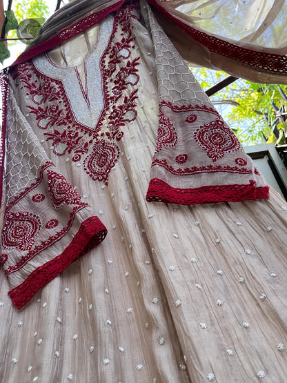Summer Radiance – Elegant Malmal Chikankari Set with Mirror & Satin Accents