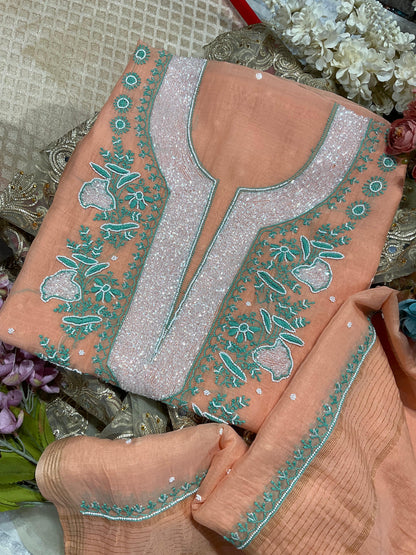 Delicate Glamour – Mulmul Chikankari Suit Set with Pearl & Cutdana Accents