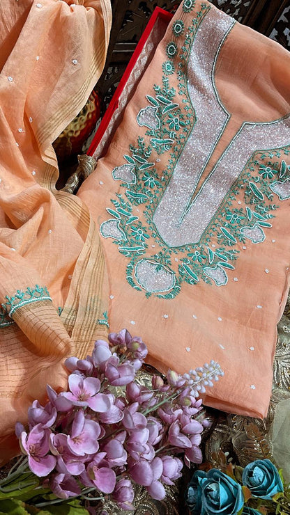 Delicate Glamour – Mulmul Chikankari Suit Set with Pearl & Cutdana Accents