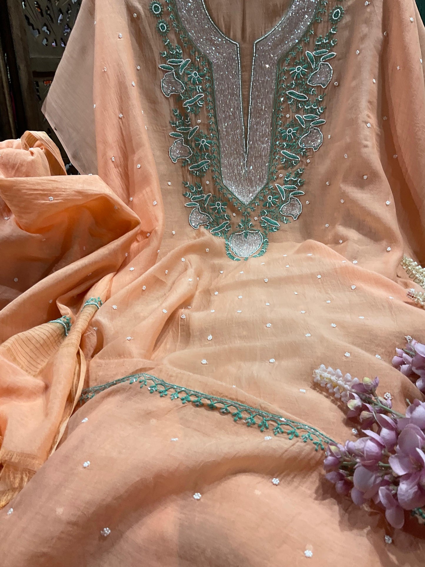 Delicate Glamour – Mulmul Chikankari Suit Set with Pearl & Cutdana Accents