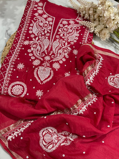 Festive Bloom: Red Mulmul Chikankari Ensemble with Cutdana & Pearl Detailing Kurta
