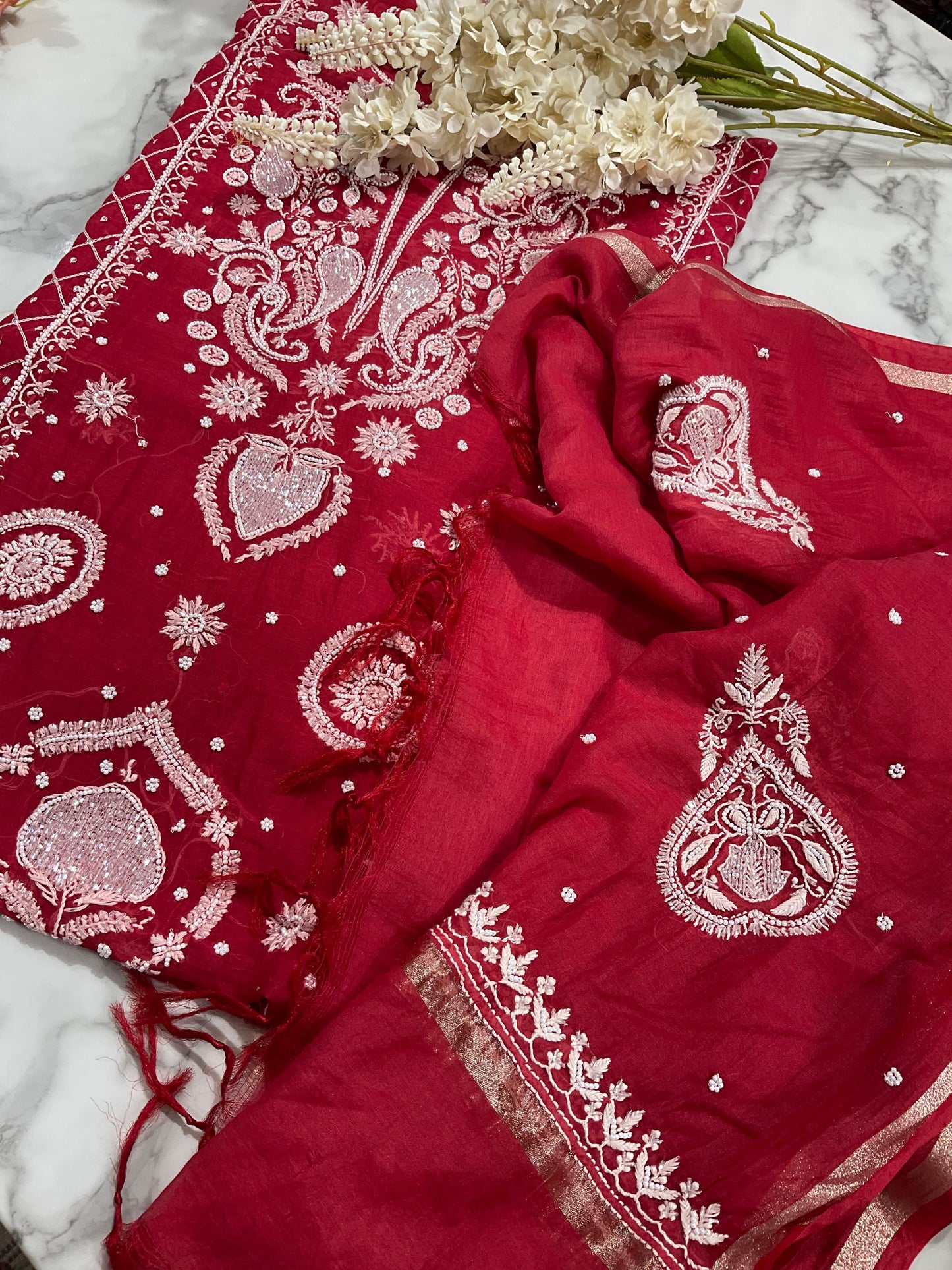 Festive Bloom: Red Mulmul Chikankari Ensemble with Cutdana & Pearl Detailing Kurta