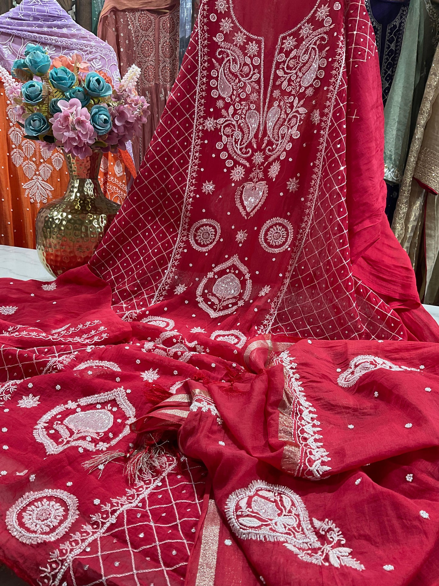 Festive Bloom: Red Mulmul Chikankari Ensemble with Cutdana & Pearl Detailing Kurta