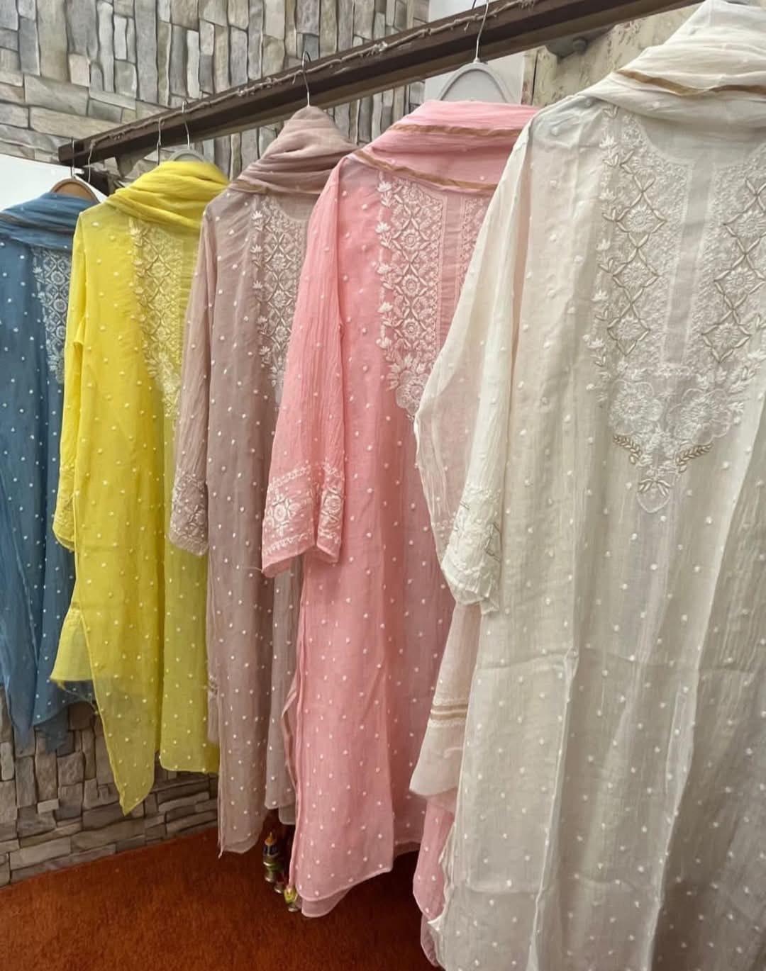 Refined Radiance: Mulmul Chikankari Set with Pearls, Cutdana & Cotton Bottom