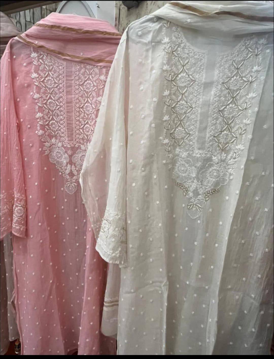 Refined Radiance: Mulmul Chikankari Set with Pearls, Cutdana & Cotton Bottom