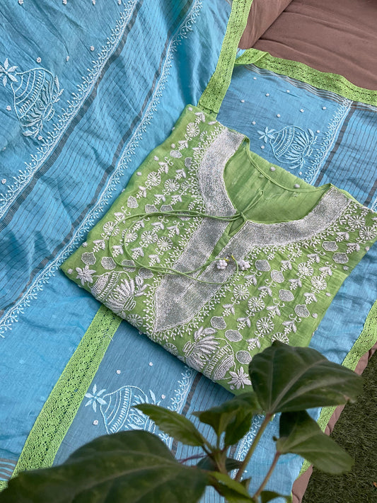Timeless Allure: Semi-Stitched Mulmul Chikankari Set with Cutdana & Pearl Embellishments