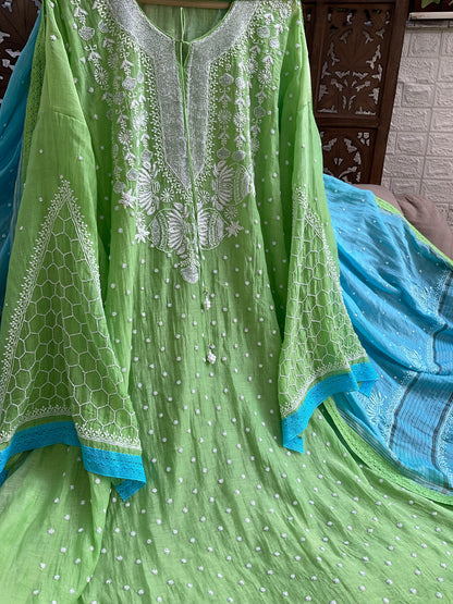 Timeless Allure: Semi-Stitched Mulmul Chikankari Set with Cutdana & Pearl Embellishments