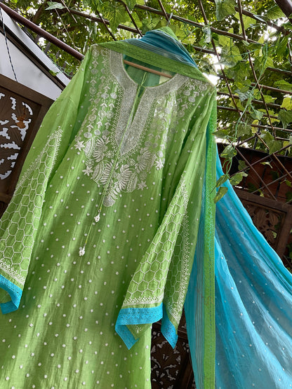 Timeless Allure: Semi-Stitched Mulmul Chikankari Set with Cutdana & Pearl Embellishments