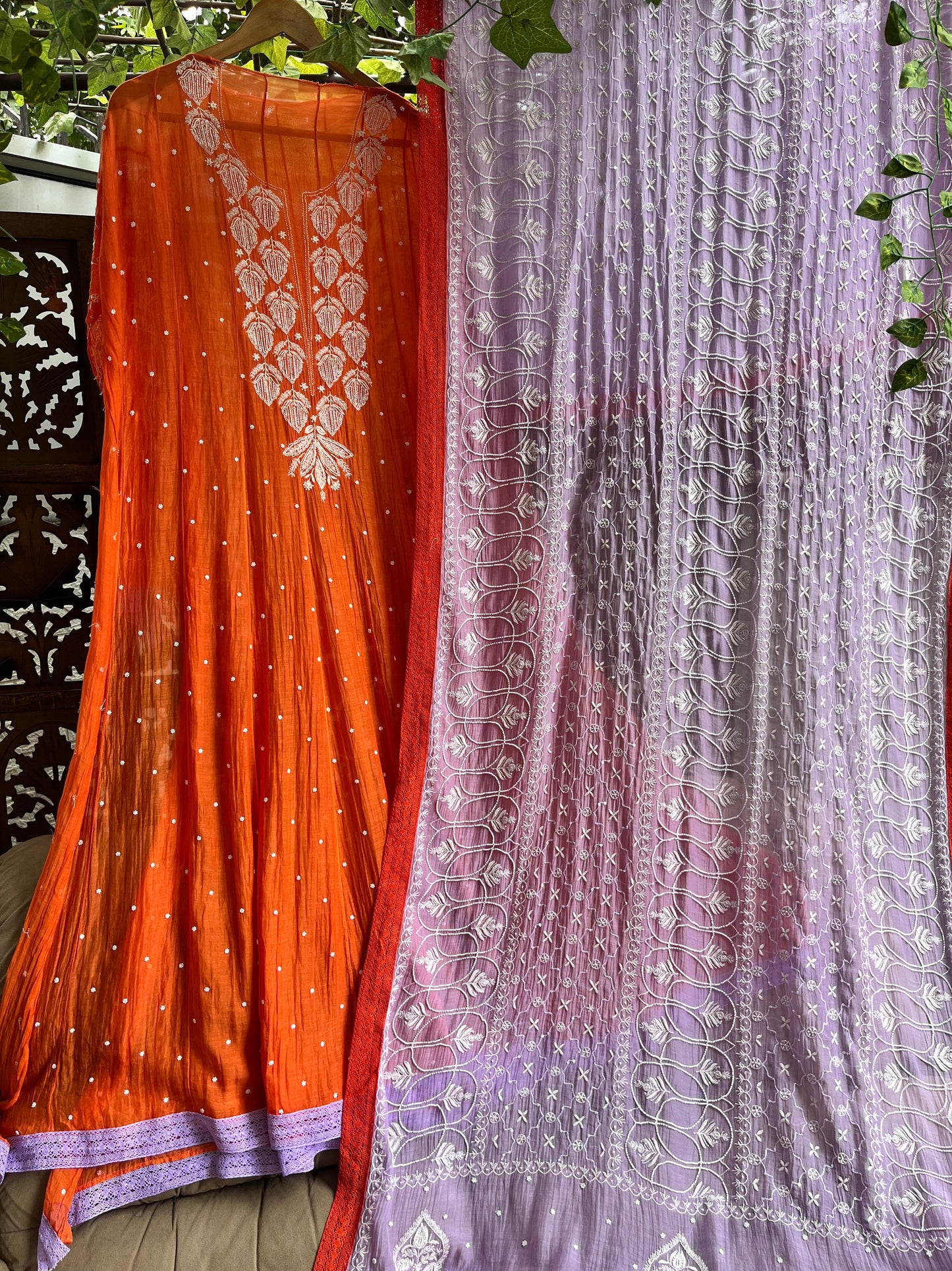 Festive Elegance in Every Detail: Mulmul Anarkali with Chikankari, Pearls & Cutdanas