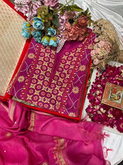 Mulmul Kurta Dupatta Set with Cotton Bottom