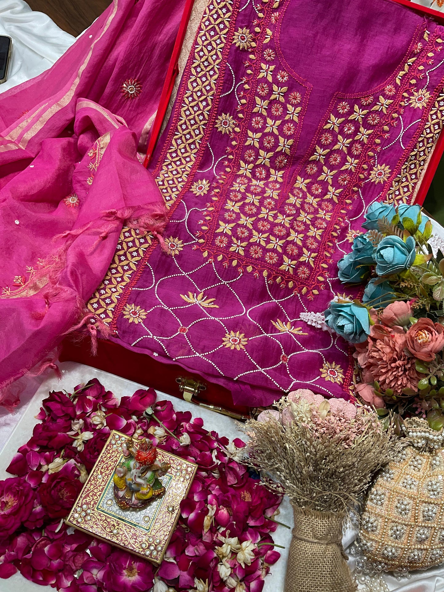 Mulmul Kurta Dupatta Set with Cotton Bottom