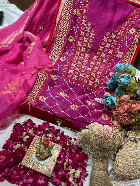 Mulmul Kurta Dupatta Set with Cotton Bottom