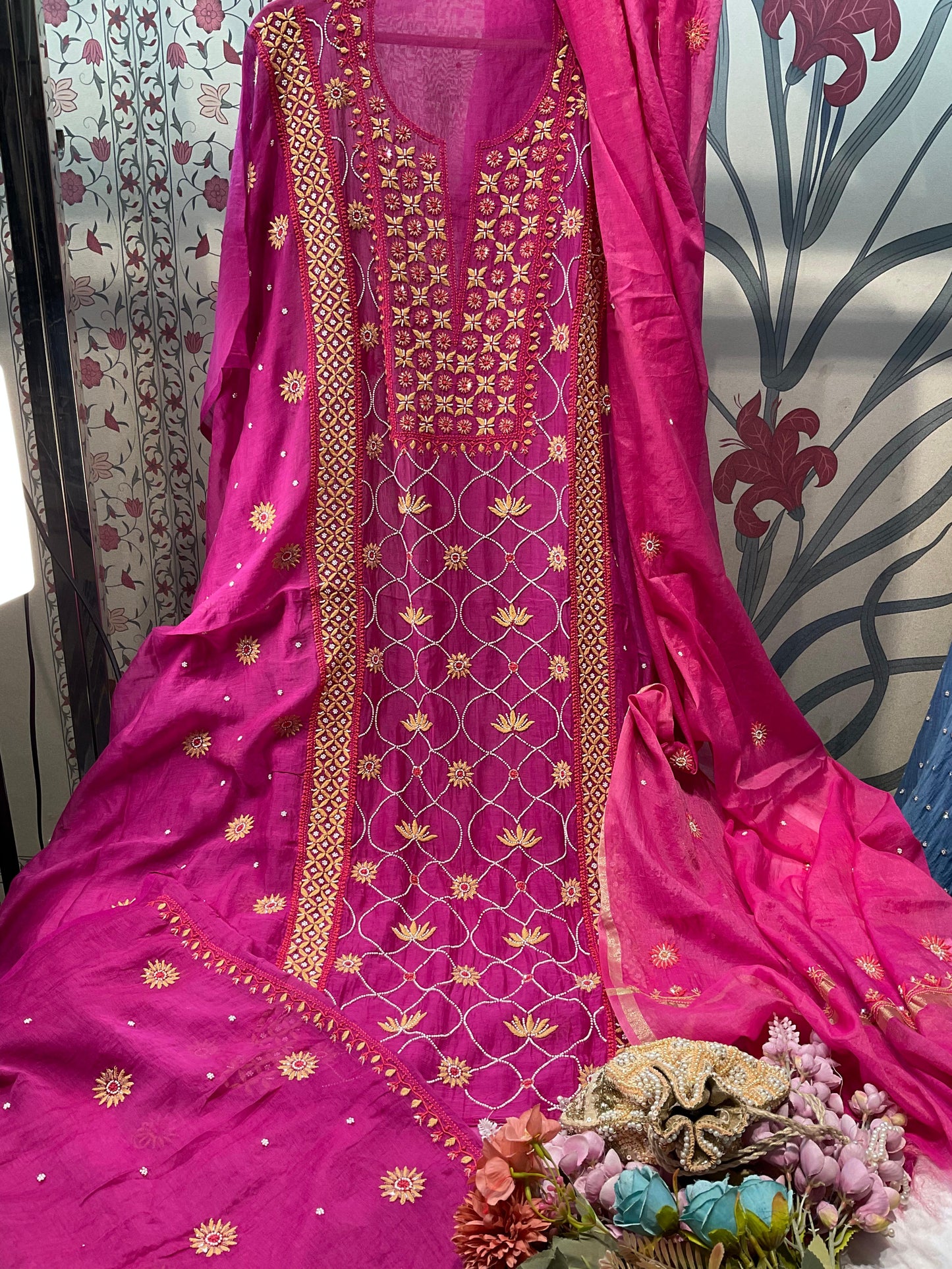 Mulmul Kurta Dupatta Set with Cotton Bottom