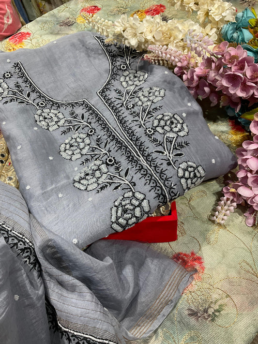 Mulmul Kurta & Dupatta with Chikankari, Pearls & Cutdana Addons