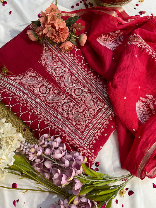 Mulmul Kurta Dupatta Set with Cotton Bottom