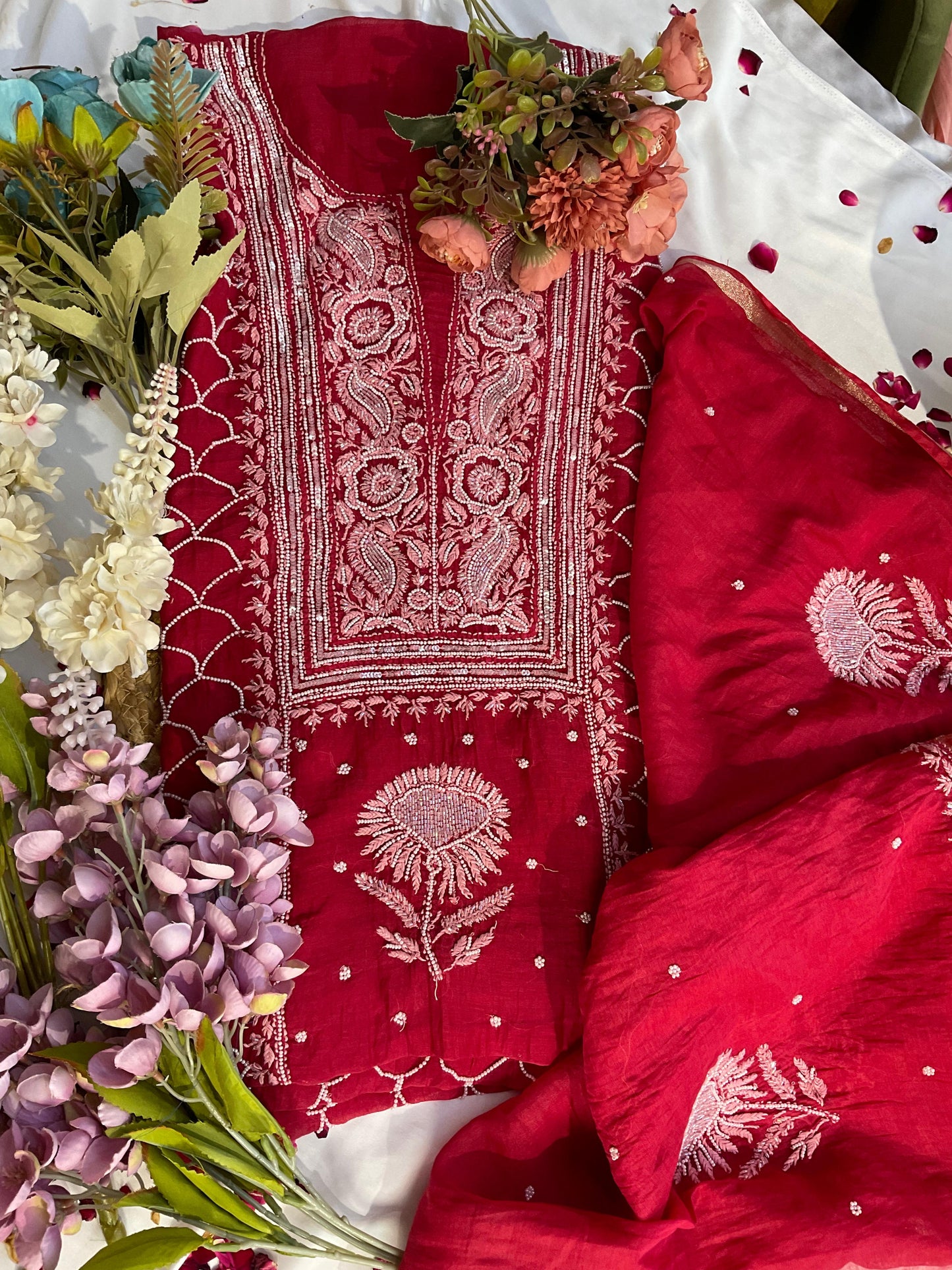 Mulmul Kurta Dupatta Set with Cotton Bottom