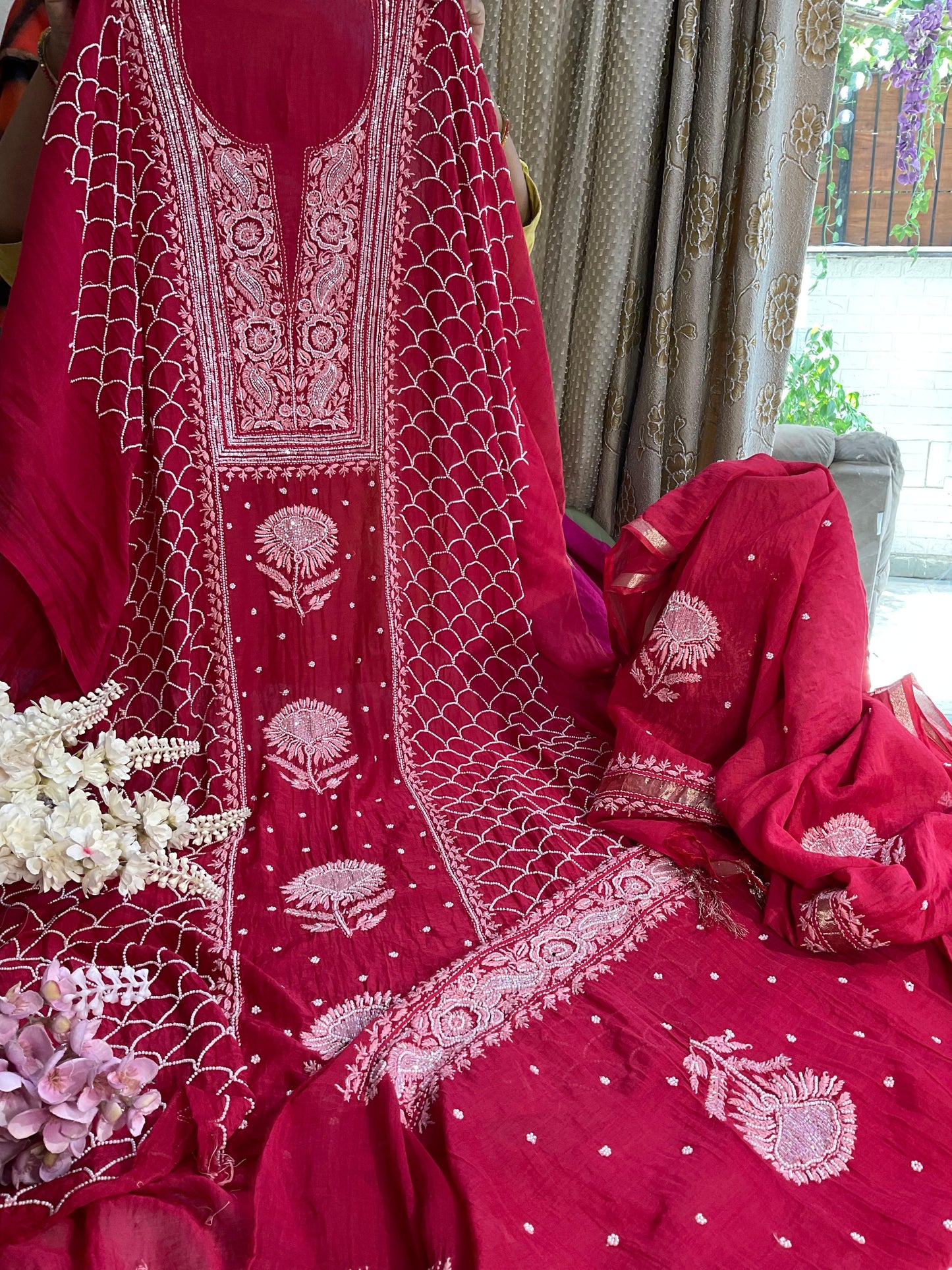 Mulmul Kurta Dupatta Set with Cotton Bottom